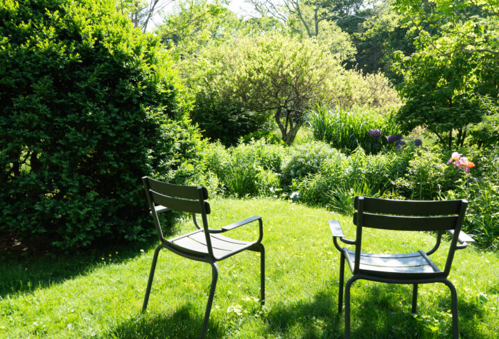 Two chairs sit on a grassy lawn facing a lush garden filled with shrubs, trees, and blooming flowers.