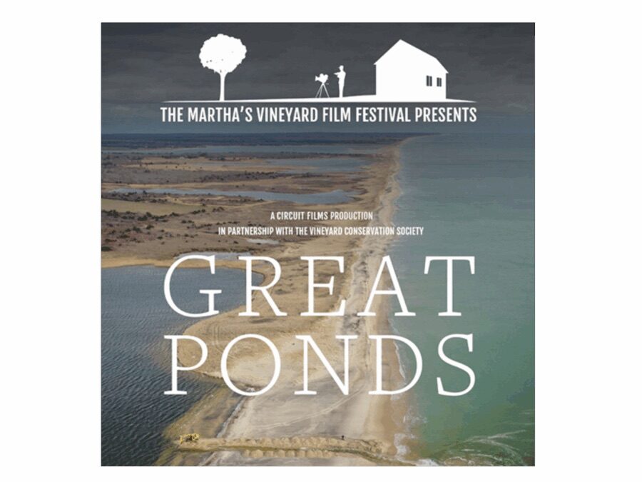  Guide page featuring Blue Flag Iris and Cardinal Flower with photos, plant descriptions, and pollinator benefits  Poster for the Martha’s Vineyard Film Festival documentary “Great Ponds” featuring an aerial view of a coastal pond and barrier beach