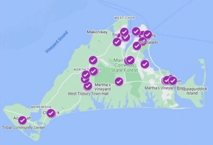 Map of Martha’s Vineyard showing multiple marked locations across the island with purple check icons.