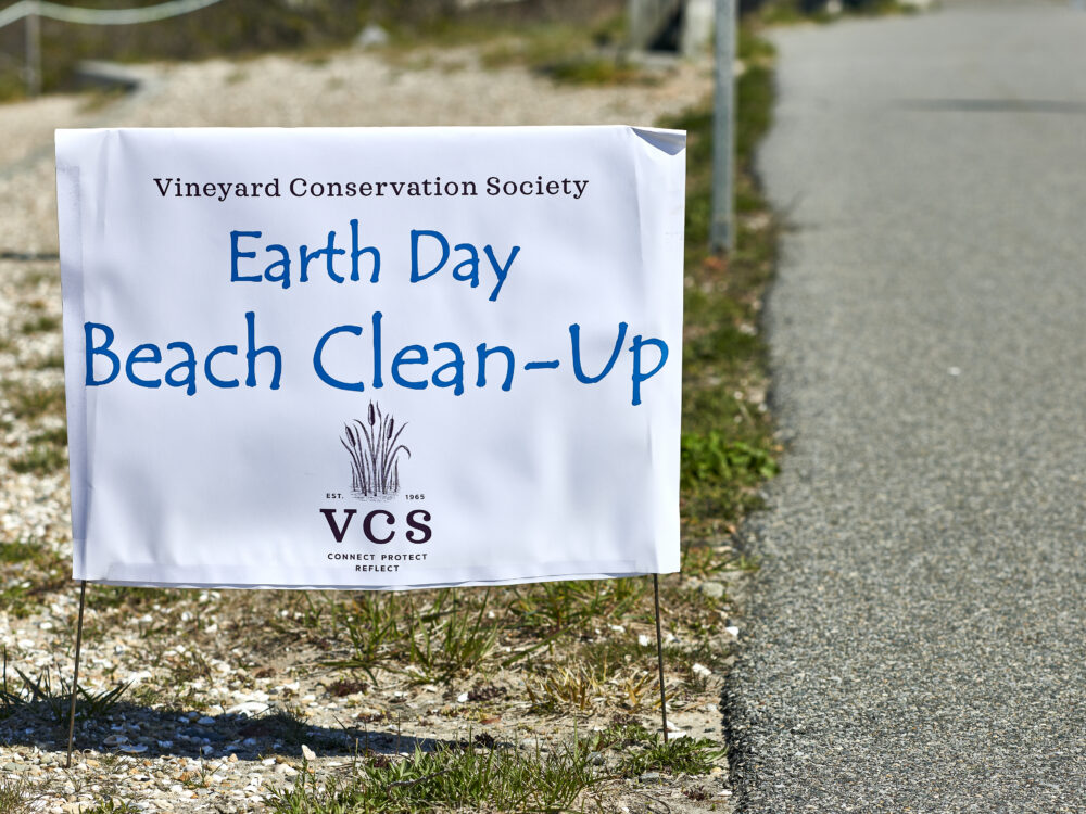 A sign beside a roadside path reads “Vineyard Conservation Society Earth Day Beach Clean-Up,” marking the location of a community cleanup event.
