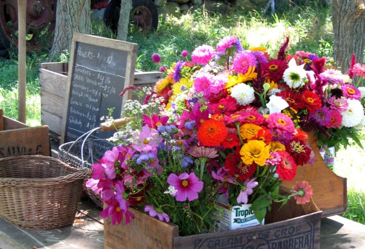 Bright bouquets of pink, red, yellow, and white flowers fill wooden crates at an outdoor farm stand, with baskets and a chalkboard sign nearby.